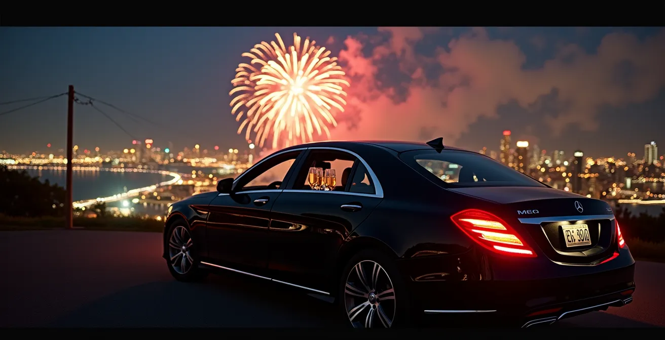 Wide shot of luxury sedan with champagne flutes visible through window against city fireworks