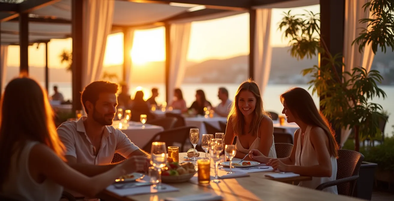 Outdoor dining terrace with cooling mist system during golden hour