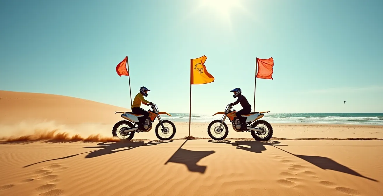 Split-screen comparison showing off-road bikers on a designated desert trail and kitesurfers within a marked beach zone.