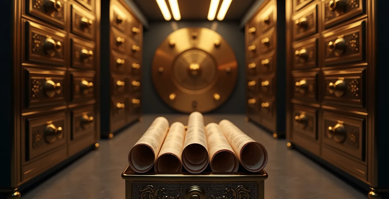Elegant vault interior with sealed formula documents and authentication certificates