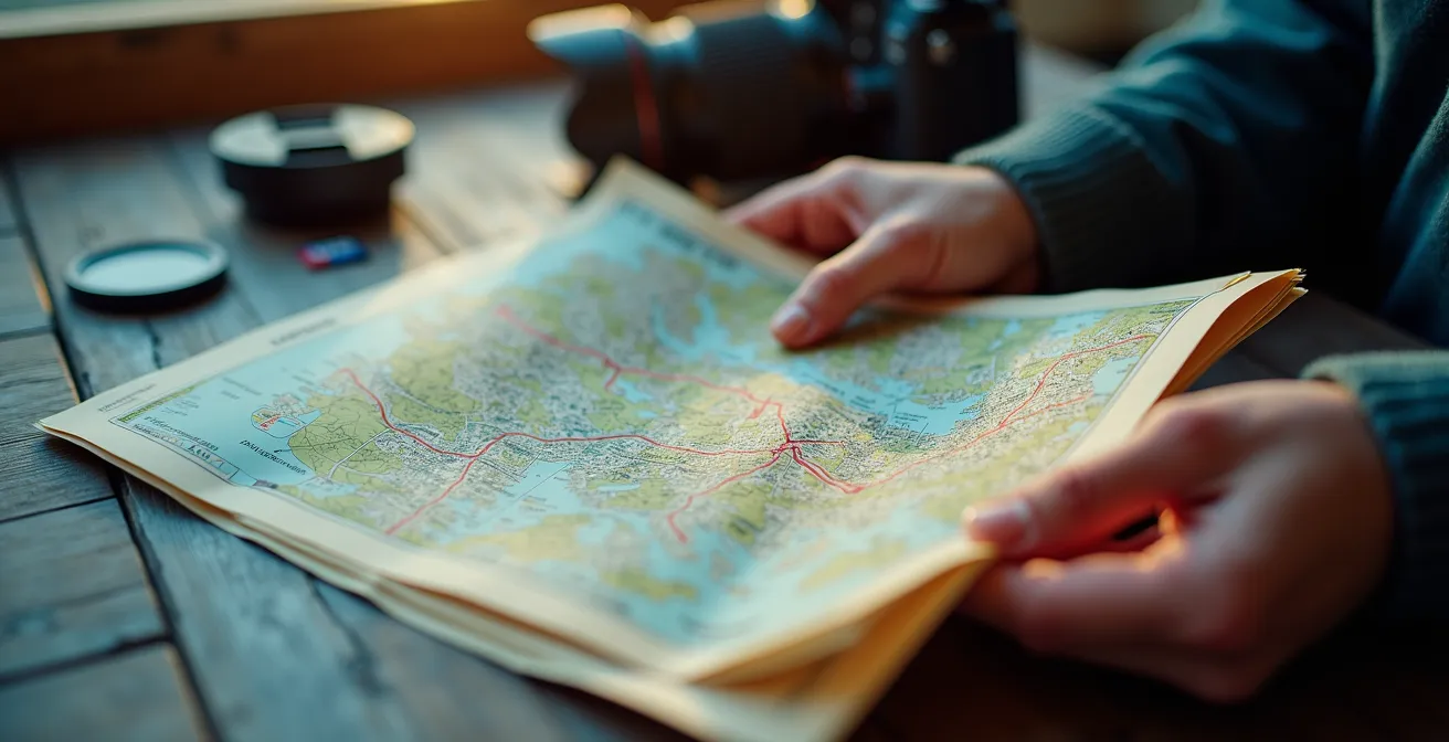 Photographer studying map with blue hour timeline overlay for light festival route