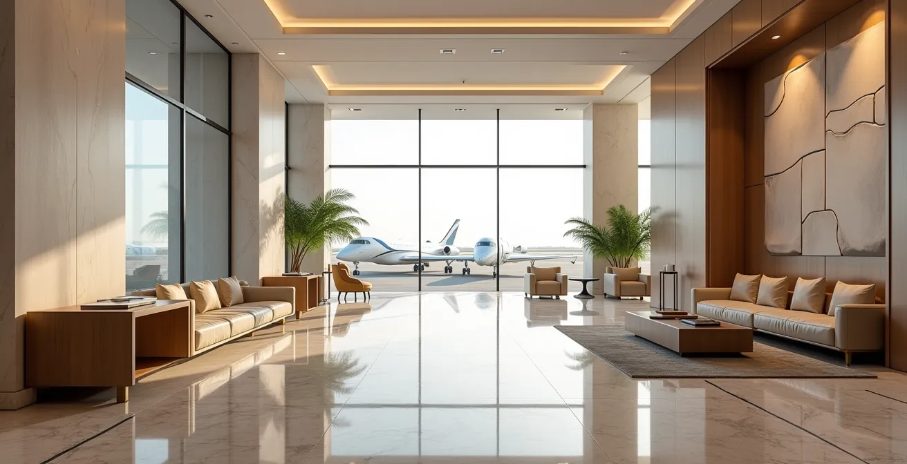 Luxurious private aviation terminal interior with contemporary design