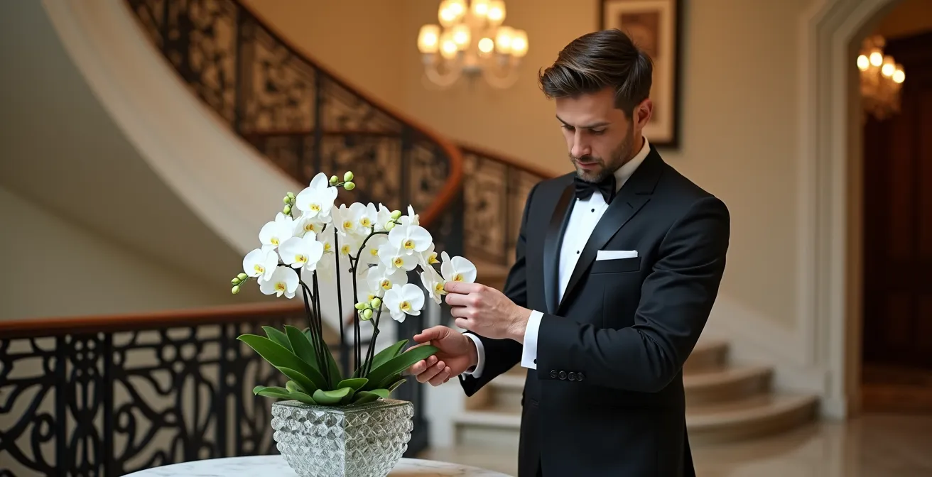 Butler arranging fresh flowers in elegant mansion foyer with marble staircase