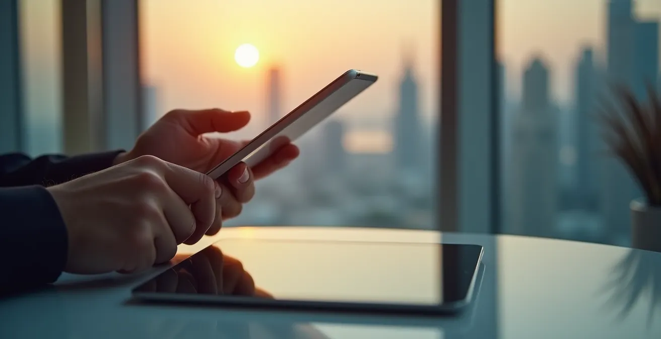 Business professional reviewing LinkedIn connections on tablet in Dubai office setting