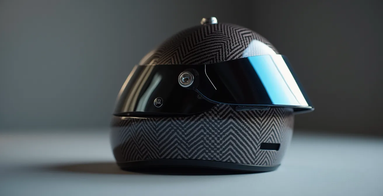 Close-up macro shot of racing helmet surface showing safety construction