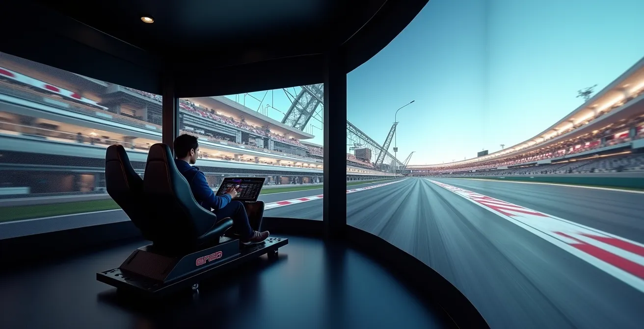 A split-screen image showing a high-tech racing simulator on the left seamlessly blending into the real Yas Marina Circuit track on the right.