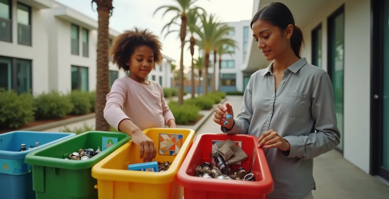 Color-coded recycling bins in a modern UAE residential complex with residents sorting waste