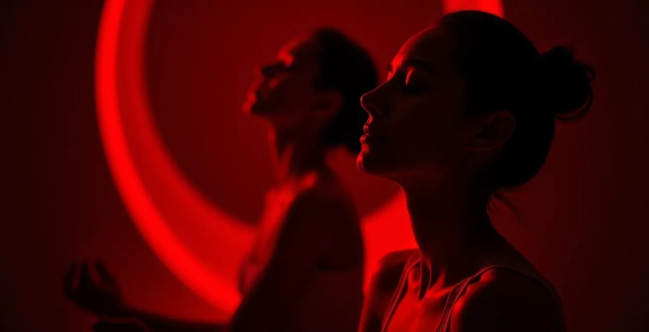 Person using red light therapy panel in evening setting