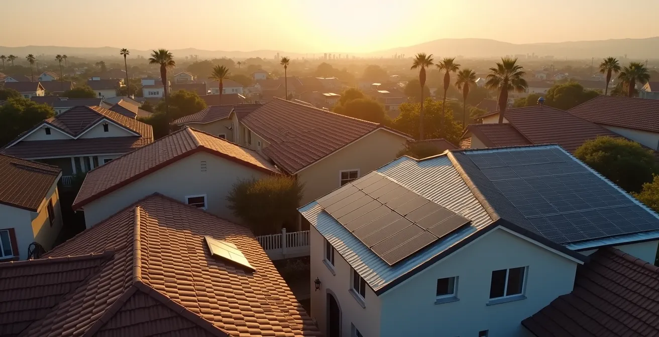 Aerial view of residential rooftops showing solar panel potential with shadow patterns