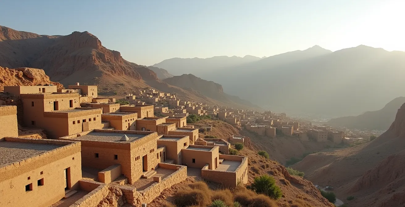 Traditional mountain village architecture photographed respectfully from a distance