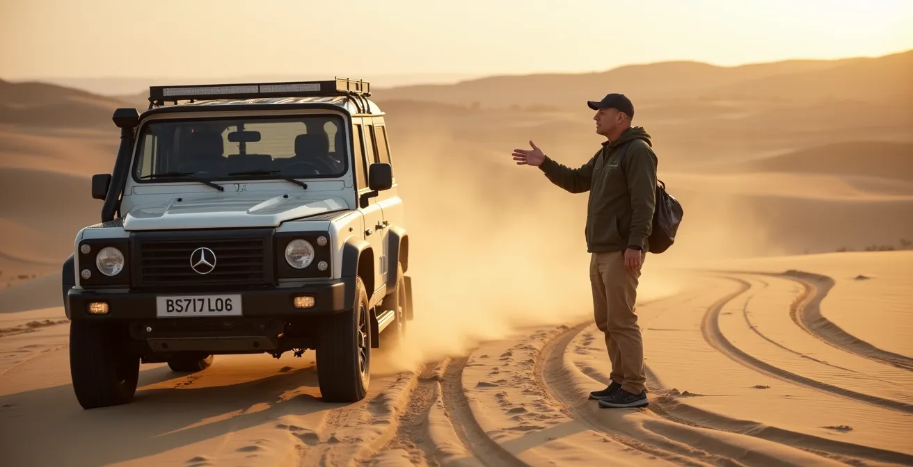 Professional instructor demonstrating sand driving techniques in controlled dune environment