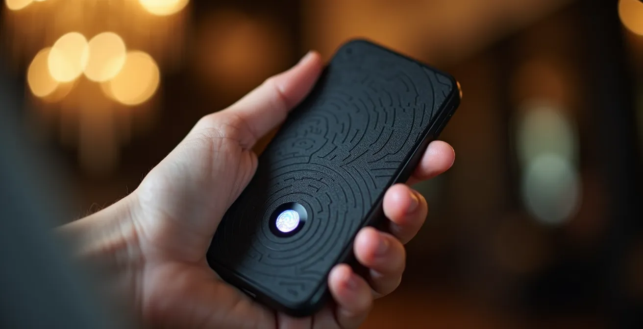 Close-up of hands holding encrypted device with blurred luxury hotel lobby background