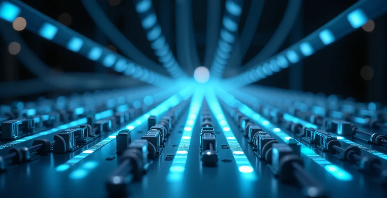Abstract visualization of encrypted data transmission with secure network layers