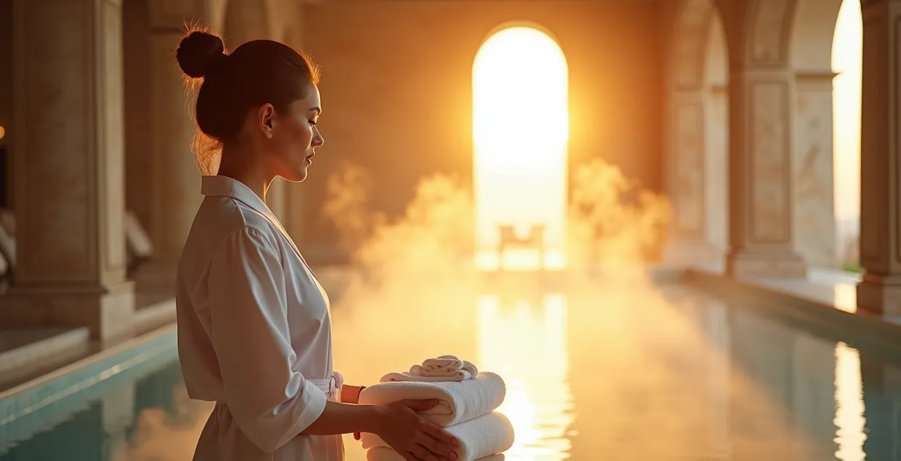 Empty luxury spa interior bathed in soft morning light with steam rising from pools
