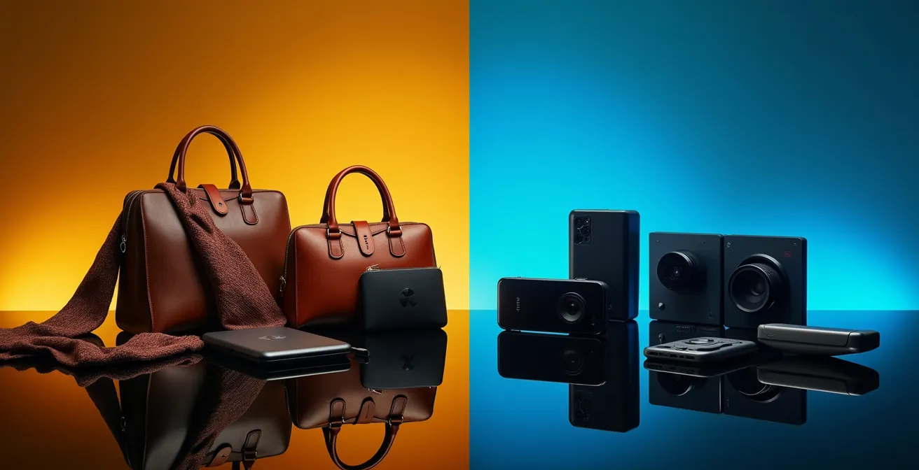 Artistic composition contrasting luxury fashion items with electronics during shopping festival