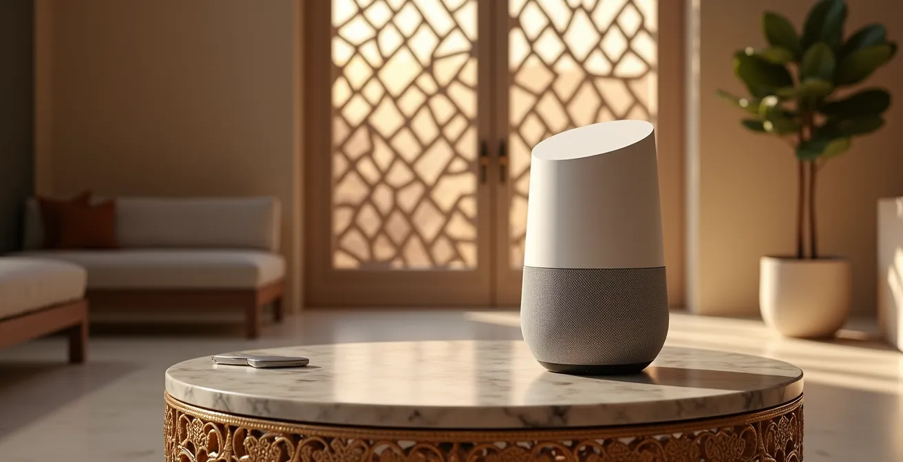Modern Dubai villa living room with voice assistant device on marble surface surrounded by traditional Middle Eastern decor