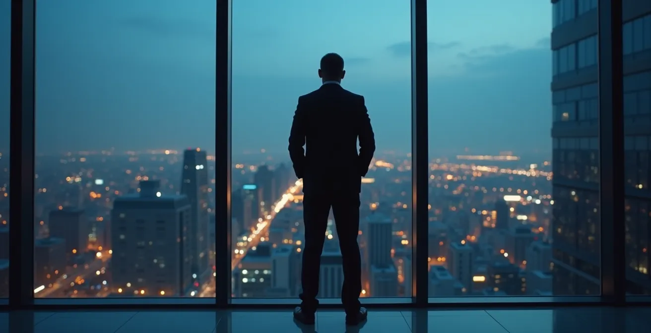 Business professional silhouette against floor-to-ceiling window overlooking city lights