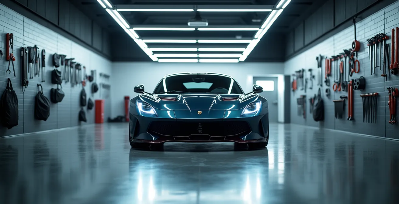 Track-prepared rental supercar being prepared in professional pit environment