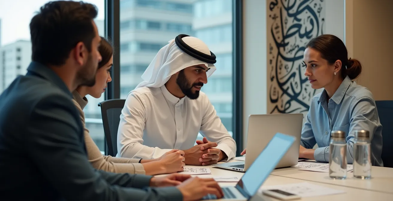 Modern open office space showcasing local and remote teams collaborating in UAE tech hub