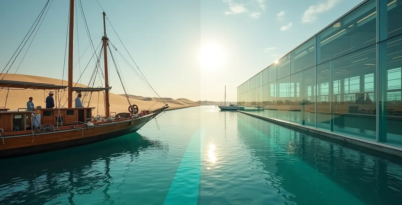 Split view of traditional pearl diving village and modern sustainable aquaculture farm