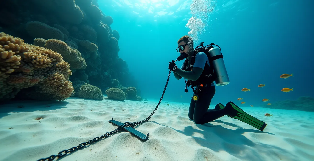 Underwater view of pristine coral reef with yacht anchor chain safely positioned on sandy bottom