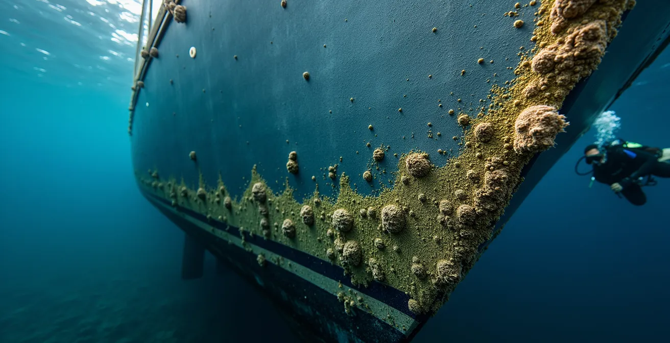 Underwater view of yacht hull showing marine growth inspection in crystal clear tropical waters