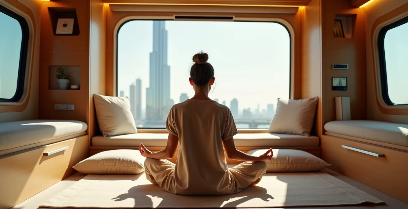 Interior view of a custom wellness van transformed into a meditation sanctuary with views of Burj Khalifa