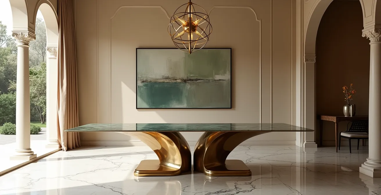 Luxury villa dining room featuring a sculptural table as a functional art piece