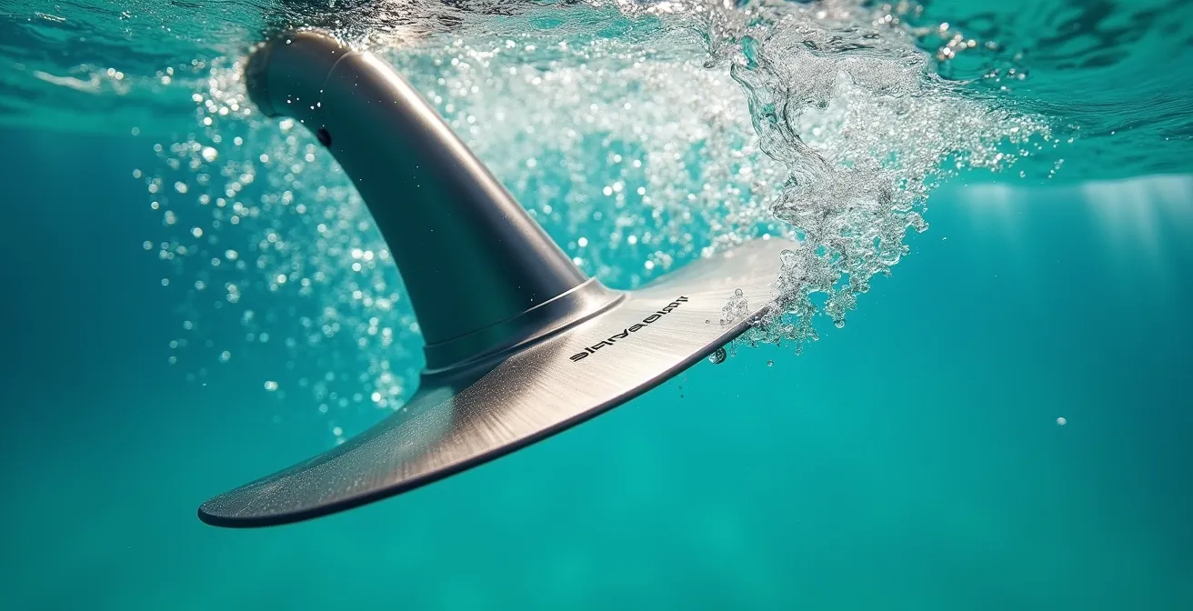 Macro shot of advanced yacht stabilizer fin mechanism underwater