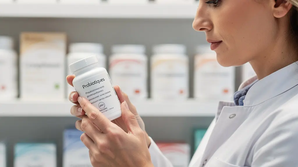 Person reading probiotic supplement label in pharmacy for immune support selection
