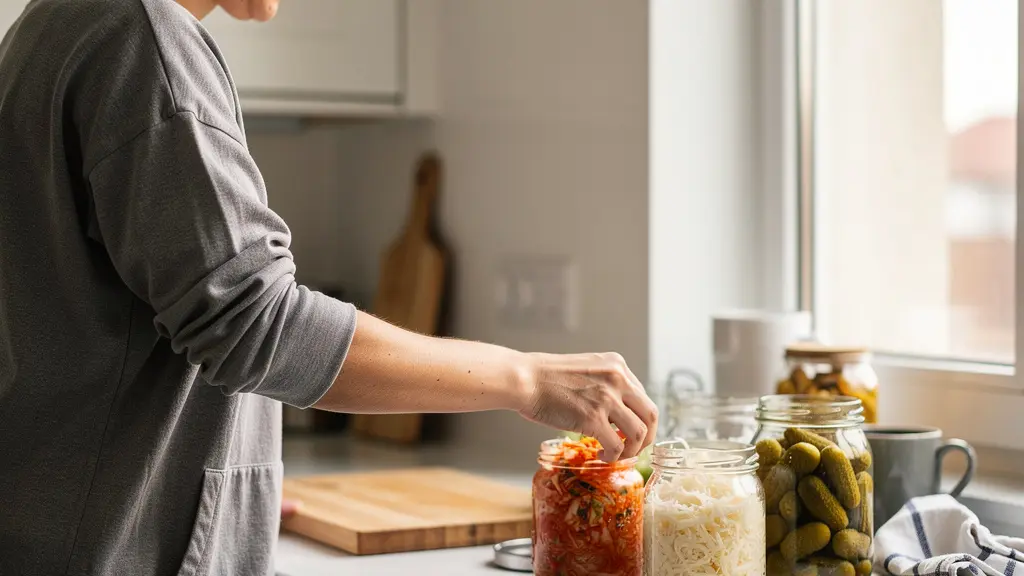 Person preparing probiotic-rich breakfast in modern kitchen (immune system support)