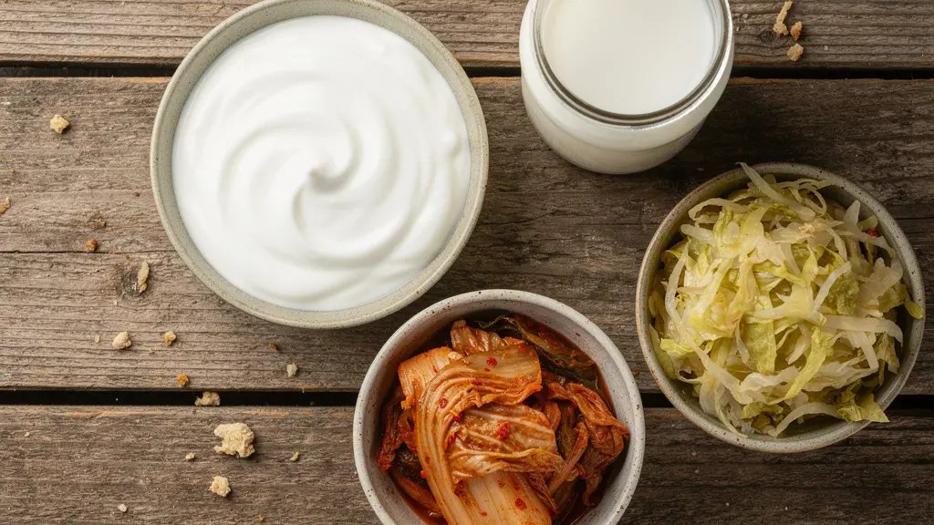 Selection of fermented foods including yogurt and kimchi for gut microbiome health