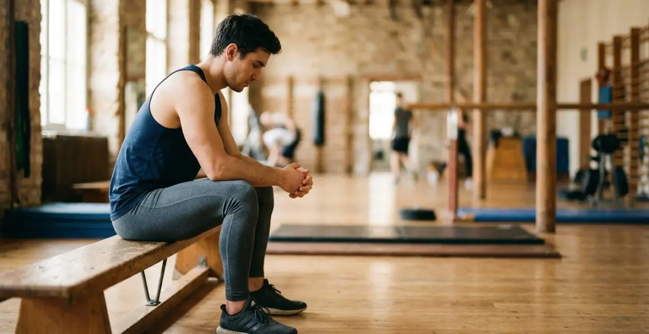A person in athletic wear sits on a gym bench, hands resting thoughtfully on their knee, captured from a three-quarter profile angle in soft natural light