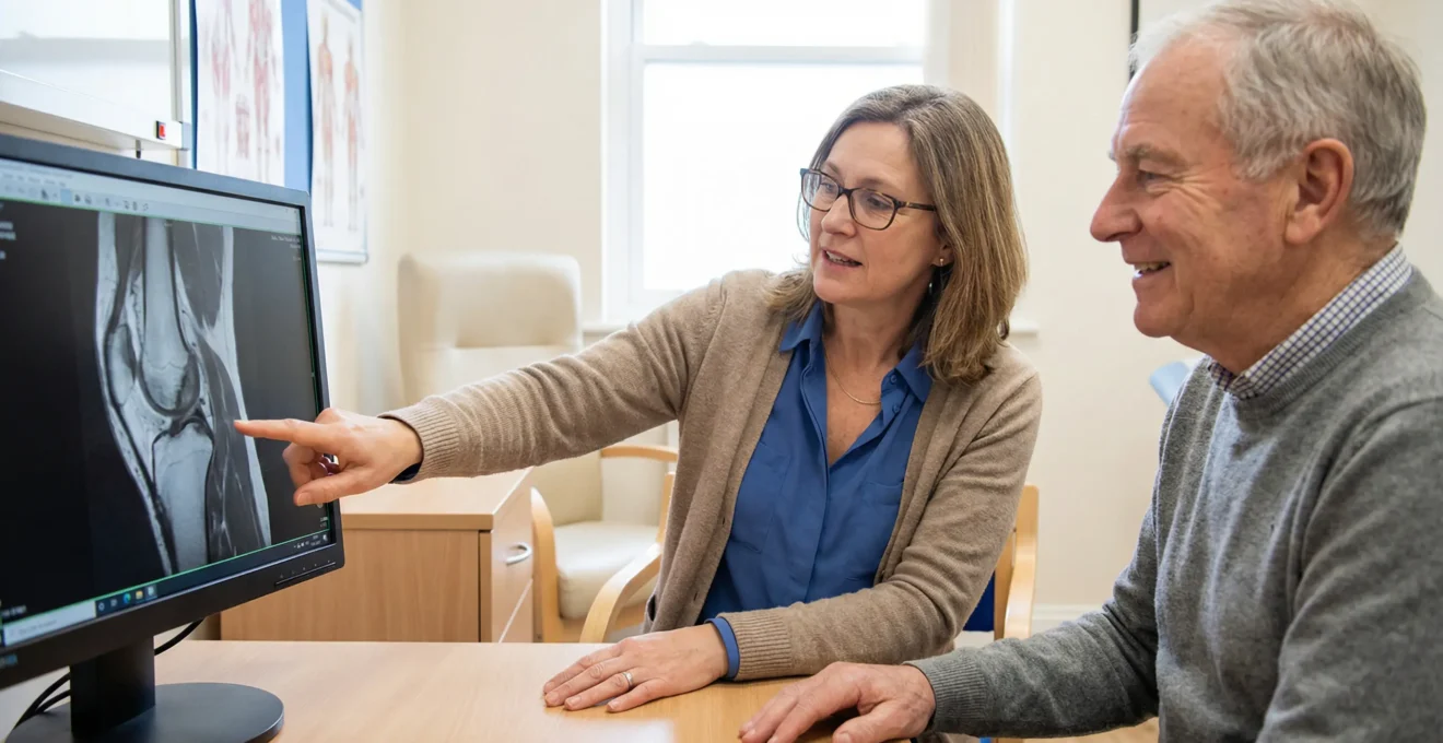 Clinician and patient discussing knee imaging results in modern clinic