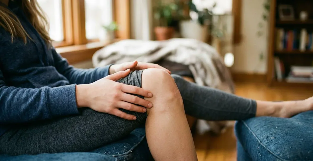 Close-up of hands gently touching and examining a knee area, athletic clothing visible at the edges, natural window light illuminating the scene