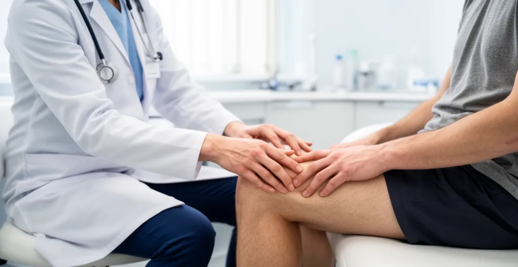 Clinician performing knee stability examination test on seated patient