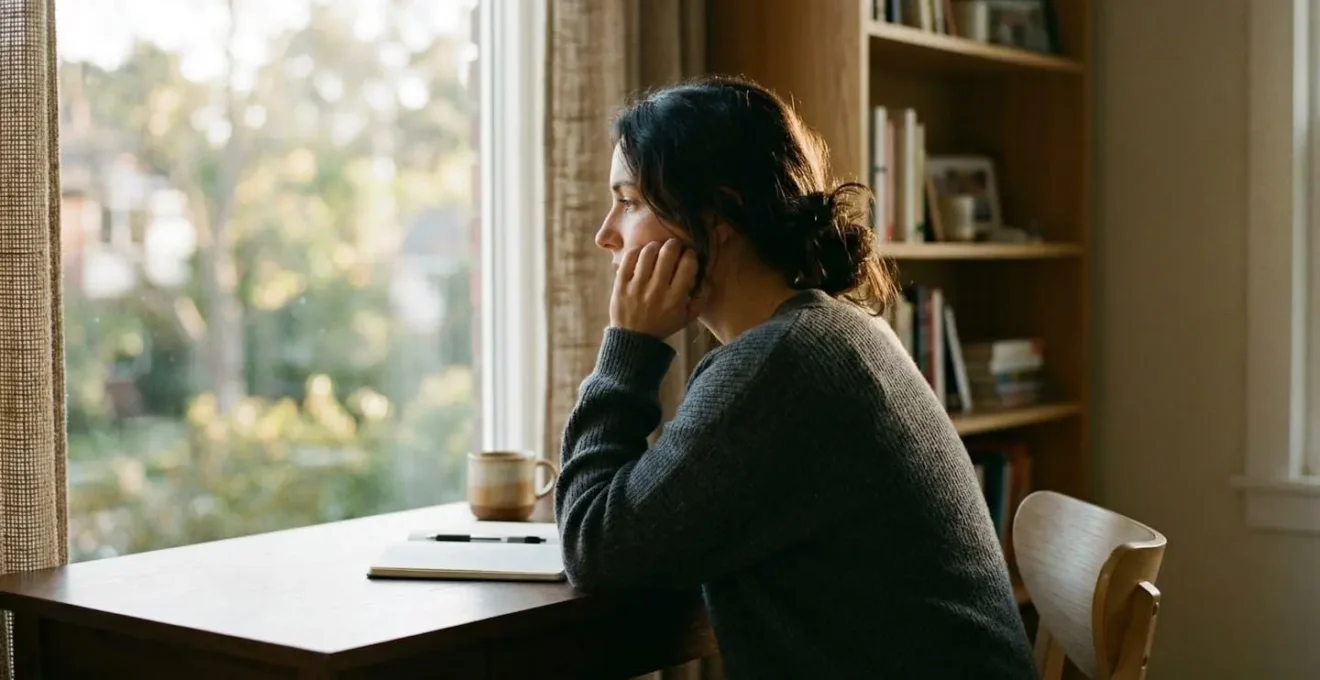 Side view of someone seated at a desk near a window, hand thoughtfully resting near their face, warm afternoon light filling the room