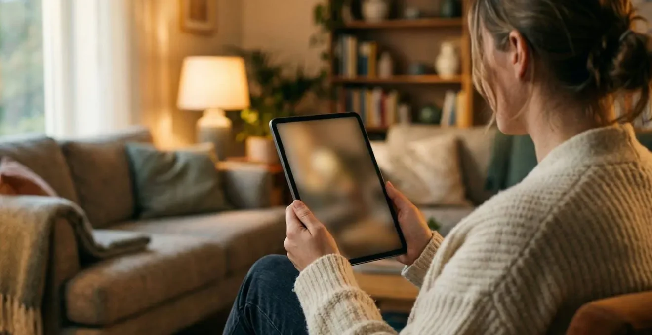 Over-the-shoulder view of someone holding a tablet in a modern living room, screen content not visible, warm interior lighting creating a contemplative atmosphere
